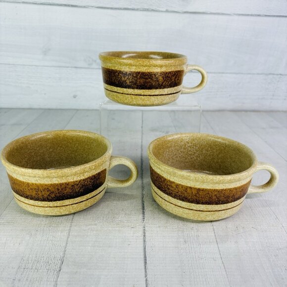 Pottery Craft USA #458 Beige Speckled Brown Stripe Ceramic Large Soup Mugs Set 3 - Picture 4 of 15